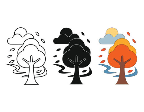 Autumn windy weather with tree and falling leaves icon set in flat linear vector design.