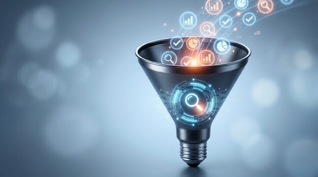 Metallic funnel graphic integrated with glowing digital icons displaying complex data analytics and search symbols in a professional business concept
