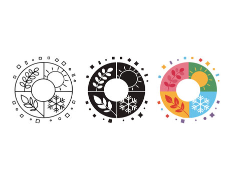 Four seasons wheel icon set featuring sun leaf and snowflake symbols for weather graphic.