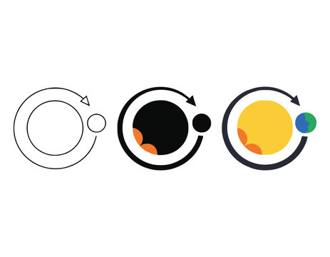 Earth orbiting sun icon set in outline silhouette and colorful flat vector illustration.