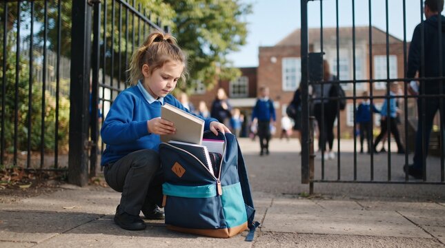 Young schoolgirl in blue uniform packing books into her backpack at school entrance