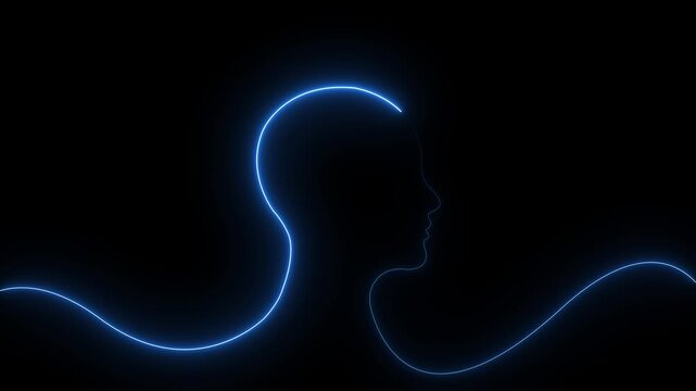 Neon glowing warning icon inside man head icon, danger warning sign animated. Neon  warning alert icon inside man head, danger concept on dark background. Concept of cybersecurity & data risk.