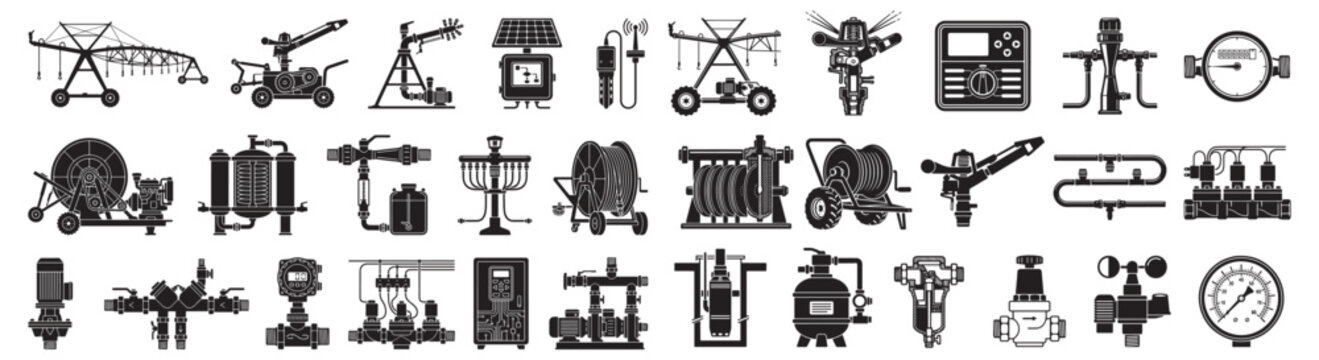 Irrigation Equipment Silhouette Icons Set Featuring Sprinklers, Valves, Reels, Pumps and Controllers