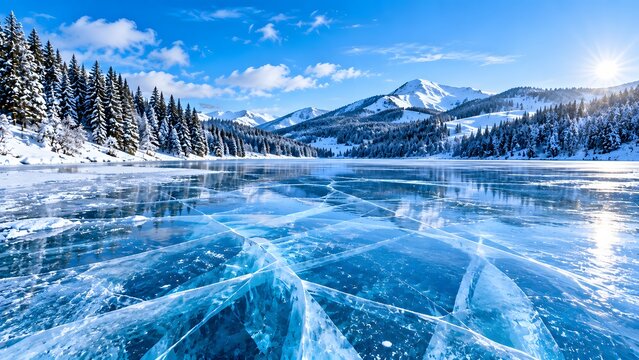 Frozen lake reflects snow covered mountains under a bright blue winter sky