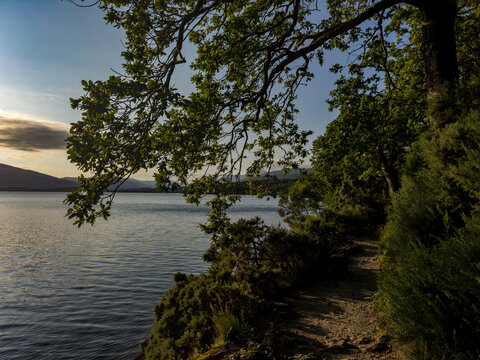 Sunset at the shore of Loch Lomond near Balmaha, Scotland.