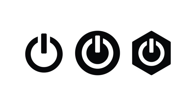 Power button icons in black and white presented with varying shapes activation