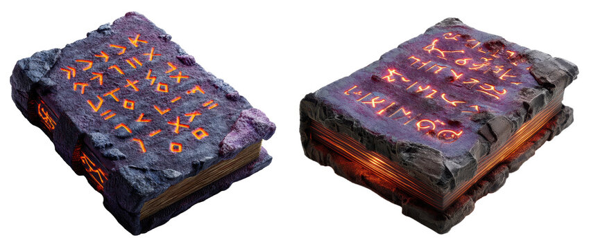 Two ancient stone‑textured books glowing with fiery orange runes and illuminated pages, creating a powerful mystical artifact aesthetic ideal for fantasy artwork, magical themes
