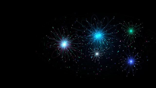 Glowing abstract neon particle flowers exploding on a dark black background loop animation