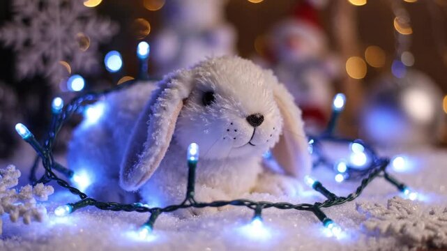 Festive holiday scene featuring a white plush rabbit nestled among blue string lights in a snow-covered environment.