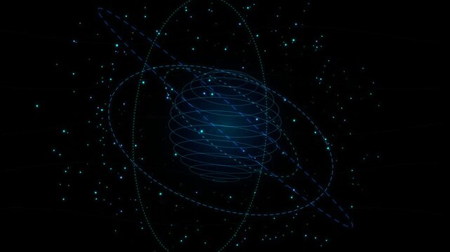 Glowing blue atomic orbit wireframe rotating with digital particles on black background