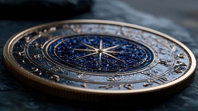Antique astrolabe with intricate gold detailing and deep blue center symbolizing celestial navigation and ancient astronomical instruments on dark surface