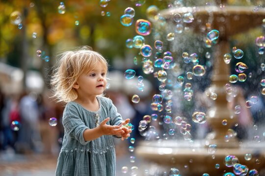Young child plays joyfully with bubbles near a fountain in a park during autumn
