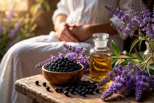 Chaste tree berries and oil, alongside purple flowers, suggest herbal remedy for women health. Natural botanical ingredients promote balance and wellness in a tranquil setting.