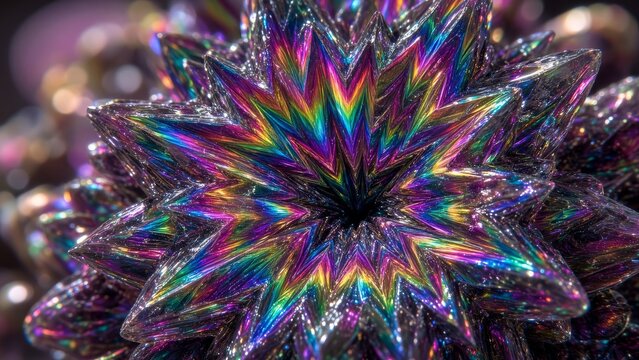 Struttura geometrica astratta a stella con texture metallica e iridescente olografica