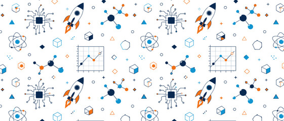 Fototapeta premium Science and technology pattern with rockets, atoms, and circuits