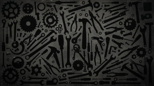 Industrial tool silhouettes on dark background, black hardware and gear pattern, mechanical repair equipment collection