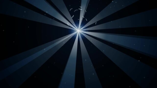 Glowing blue retro sunburst loop animation with rotating radial rays and central flare
