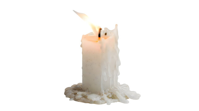 A single lit white candle with melting wax dripping down the sides