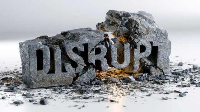 Stone block with the word disrupt cracked open symbolizing breakthrough innovation and change breaking through old structures and limitations