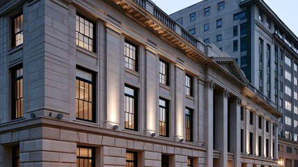 Obraz premium A grand neoclassical building facade with warm lighting highlighting stone columns and detailed architectural elements