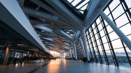 Obraz premium Modern airport terminal interior with expansive glass walls structural beams and polished floor reflecting ambient light