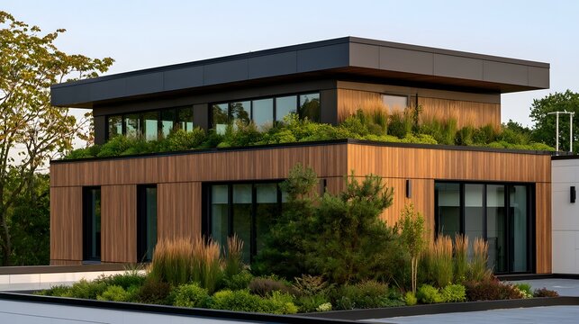 Modern two story house with wooden siding  large glass   and lush green rooftop garden under soft daylight