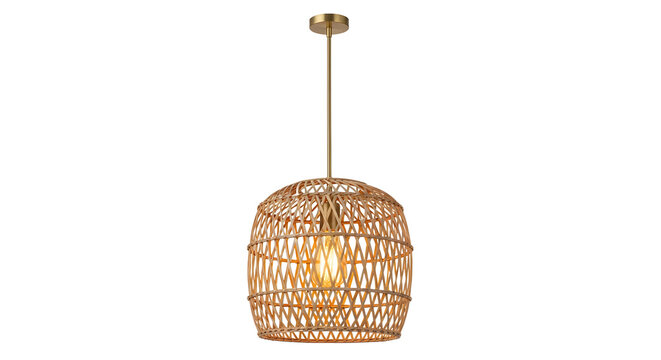 Modern round rattan pendant light fixture with decorative woven bamboo texture