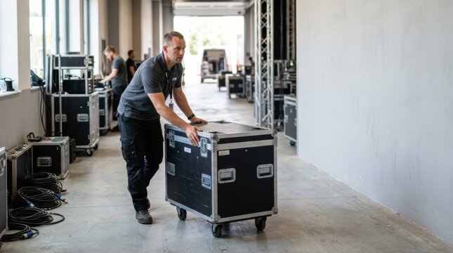 Stagehand pushing a heavy flight case on wheels backstage at a concert venue, preparing for a show.
