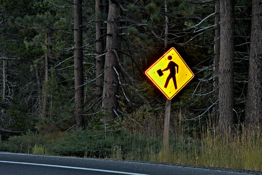 Pedestrian crossing traffic sign modified by adding large mug, a form of &ldquo;outsider art&rdquo;