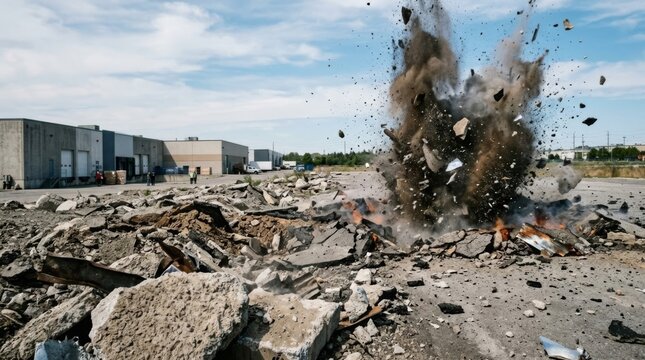 Explosion sends debris flying against industrial backdrop with copy space, concept of destruction or rapid change