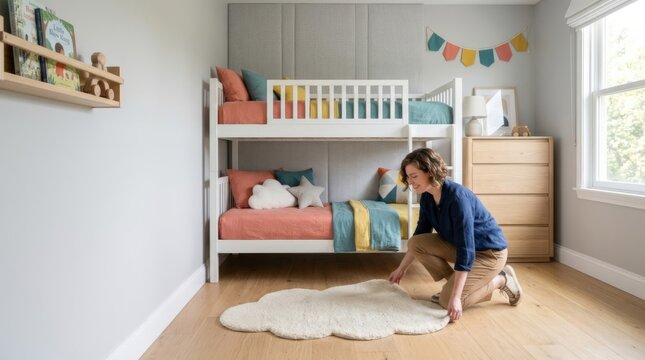 Woman arranging cloud rug in bright modern children's bunk bed room with colorful bedding and oak furniture