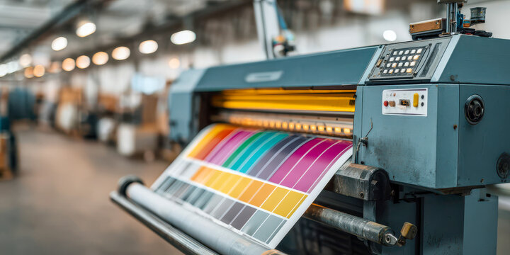 Large format printer feeds bright calibration sheet across rollers in print shop, showing industrial equipment, rainbow color blocks, and blurred workshop background during color output testing.