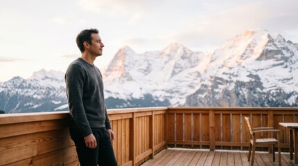 Fototapeta premium Man on wooden balcony gazes at sunrise over snowy mountains, inspiring nature retreat concept