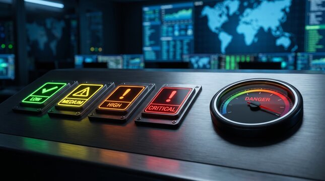 Glowing status alert buttons featuring low medium high and critical labels next to a round danger gauge with metal texture