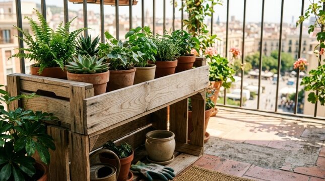 Balcony herb garden in wooden crate planter, urban city view background, bright sunlight, copy space
