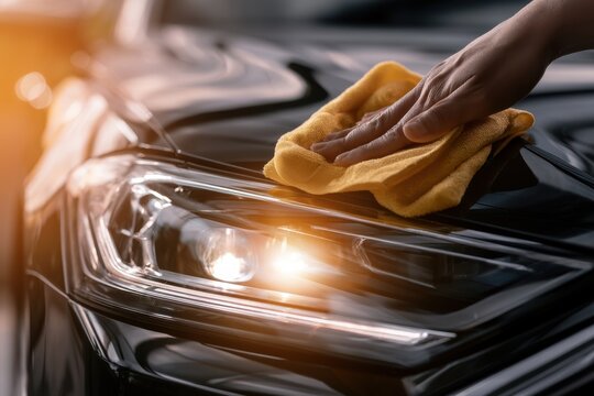 Person cleaning the shiny black car hood and headlight with a yellow microfiber cloth under soft golden sunlight during vehicle maintenance