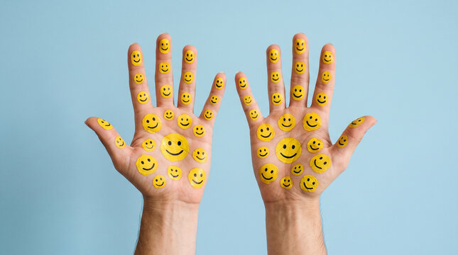 Two Open Human Palms Covered in Yellow Smiley Face Stickers on Blue Background