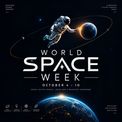 Fototapeta premium Astronaut floating in deep space for world space week poster with outer space
