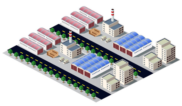 Isometric factory building with chimneys and road