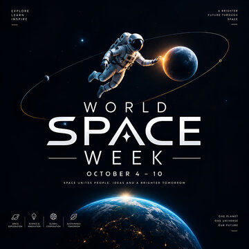 Astronaut floating in deep space for world space week poster with outer space
