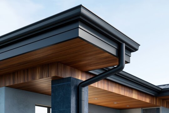 Modern house exterior featuring a stylish black gutter system and warm wood paneling under a clean roof edge against a clear sky background