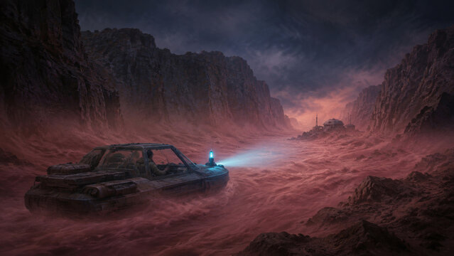 A futuristic vehicle pushes through turbulent violet sand and fierce wind on a hostile planet, presenting planetary storm, rover survival and extreme weather for publishing and editorial use
