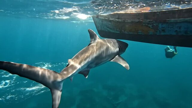 Oceanic Whitetip Shark Swimming Gracefully Near Wooden Boat in Bright Blue Underwater Environment