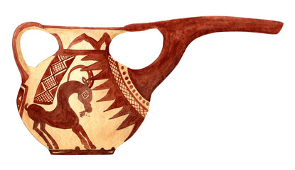Painted ceramic pitcher with long beak spout and horse motif, Tepe Sialk Iran (9th–8th century BC). Iron Age II vessel imitating metalwork and textiles, Sialk VI Necropolis B. Artwork. © Sven
