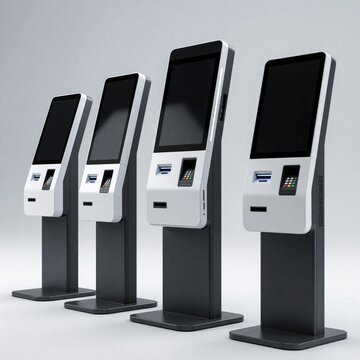 Modern selfservice payment kiosks stand in row. Machines offer convenient automated checkout, monitoring solutions for businesses. Digital transaction terminals feature touchscreens, card readers.