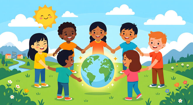 Diverse group of happy children holding hands around the globe