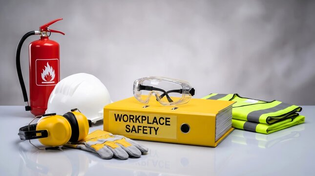 Bright yellow binder labeled workplace safety surrounded by protective gear like hard hats, fire extinguishers, safety goggles and work gloves