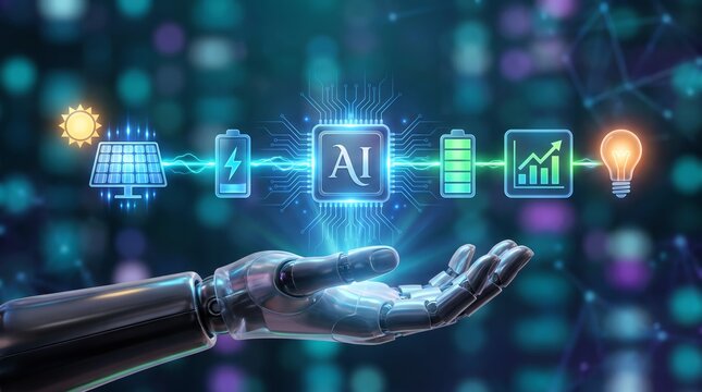 Metallic robot hand cradling glowing digital icons of solar power and artificial intelligence processing energy efficiency for sustainable future systems