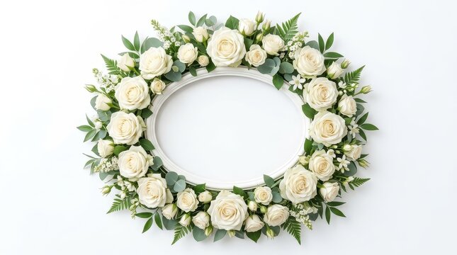 Elegant white rose floral wreath, circular botanical frame with cream roses and green leaves, romantic wedding flower border on white background