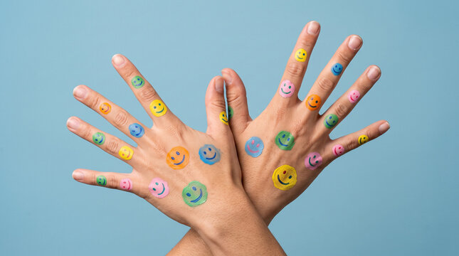 Human hands covered in colorful smiley face stickers over a blue background
